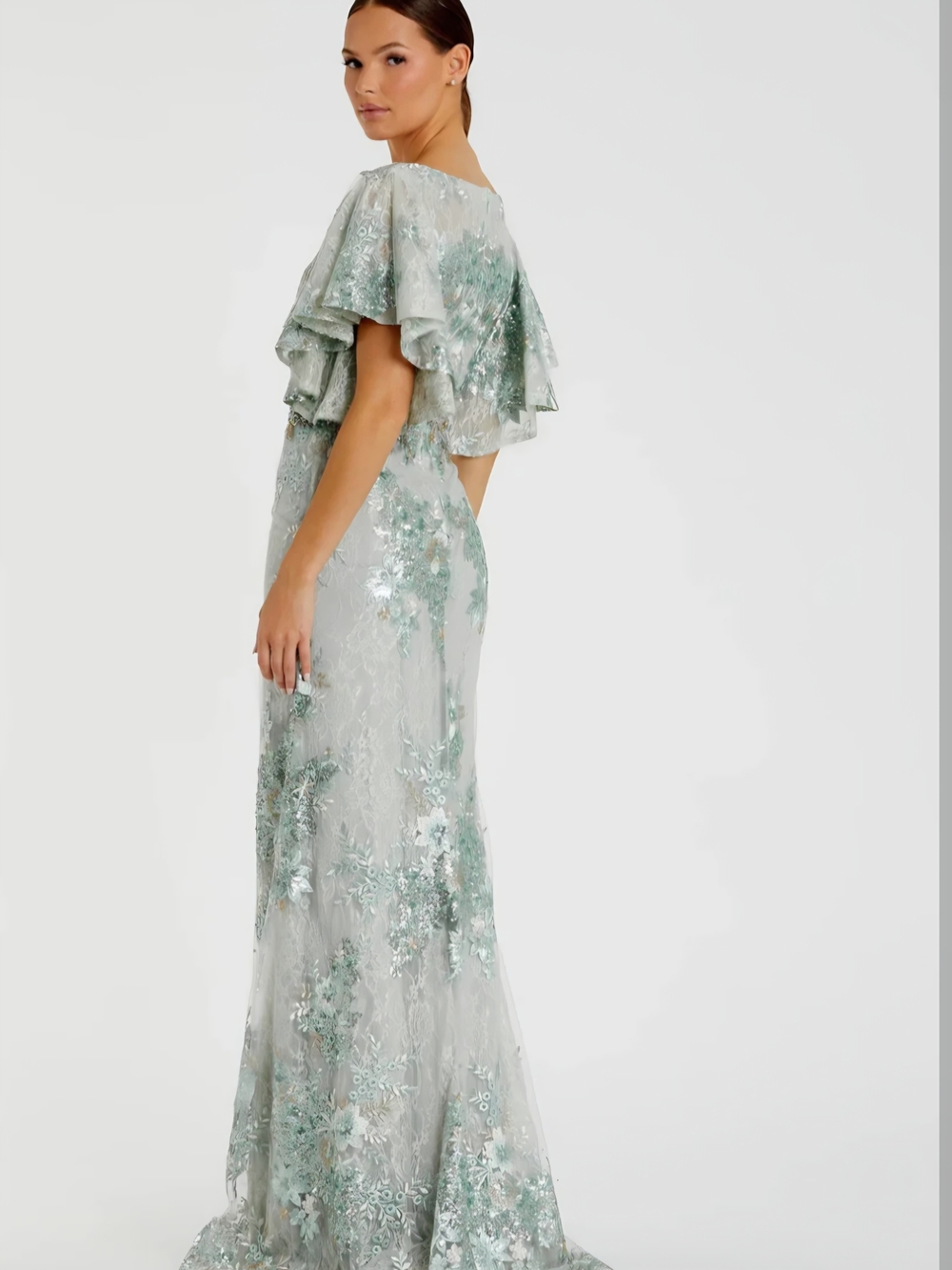 Mac Duggal Seafoam Green Embroidered Lace Evening Gown